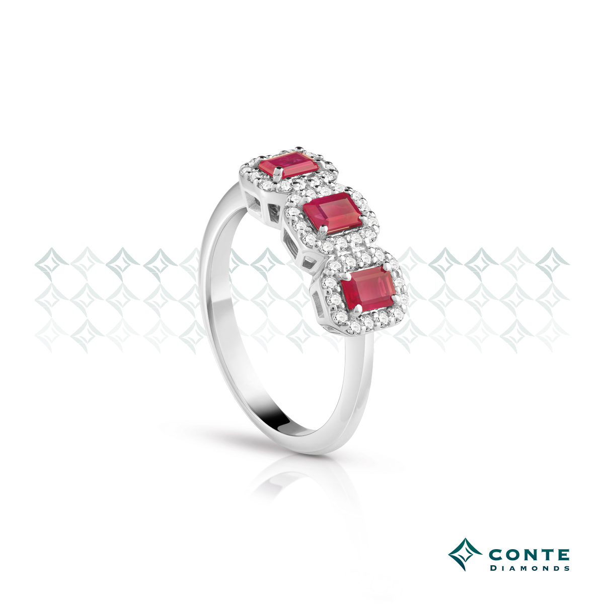 Anello trilogy con rubini ottagonali