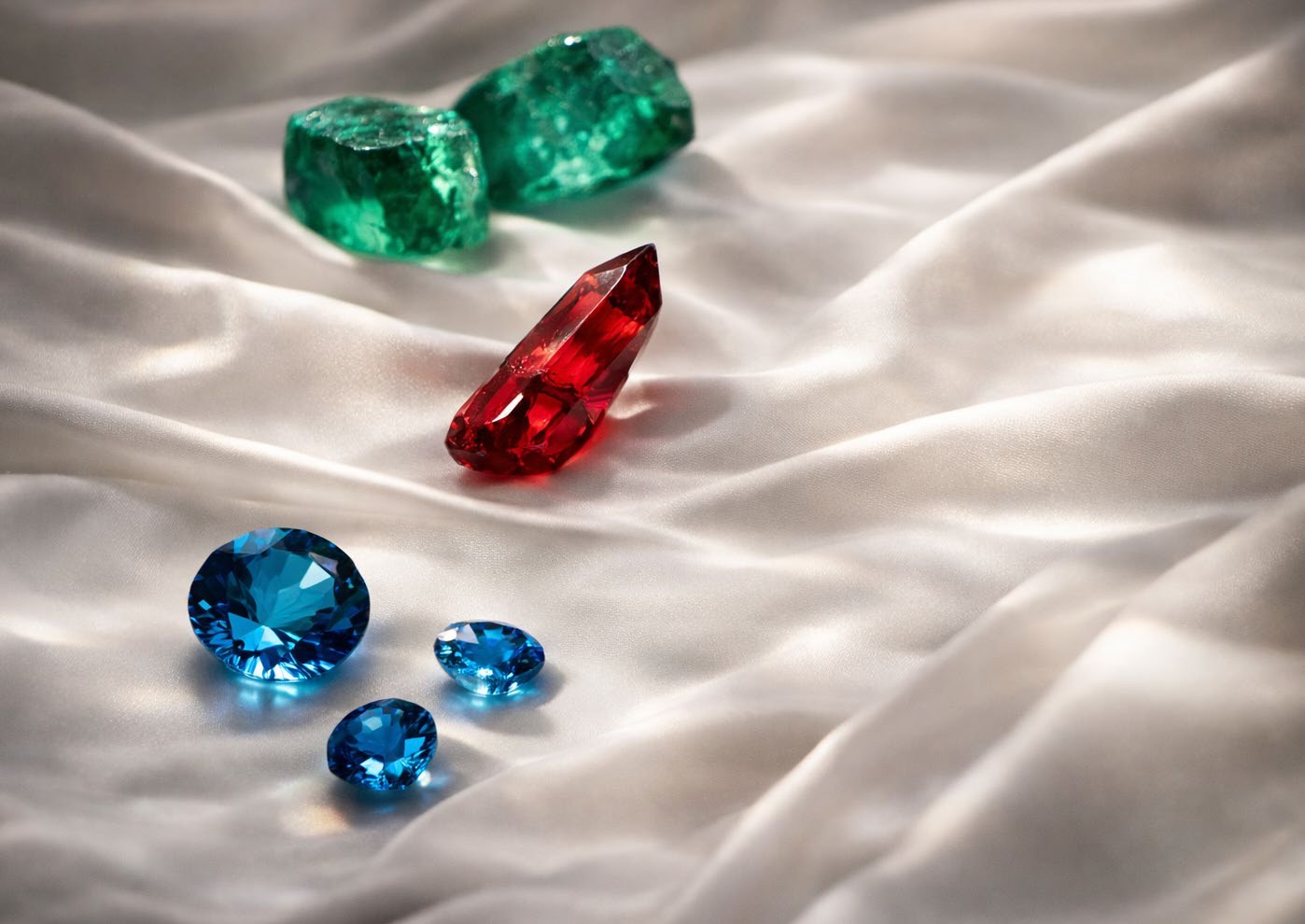 Collezione Damasco di Conte Diamonds: anello con diamante, smeraldo, rubino