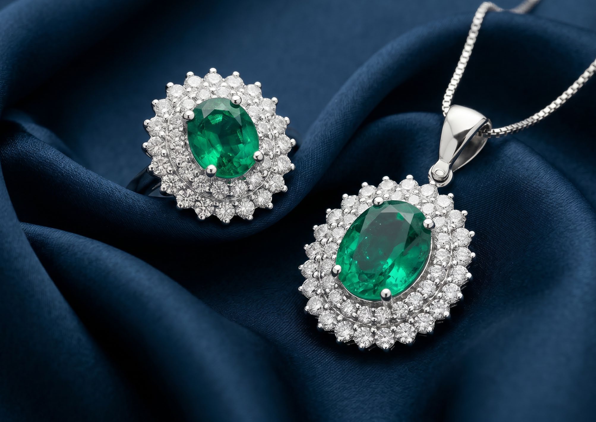 Anello e pendente con smeraldo ovale e contorno di diamanti, su seta blu